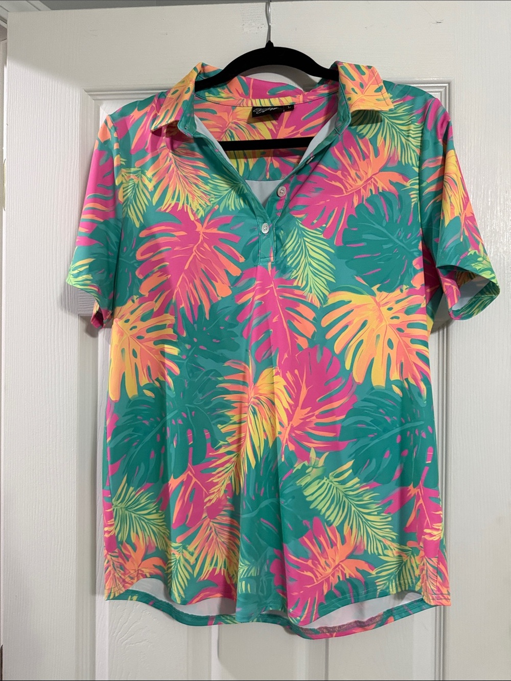 Tropical Leaf Button-Down Polo in Teal, Pink & Yellow